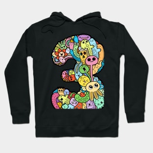 Number 3 three - Funny and Colorful Cute Monster Creatures Hoodie